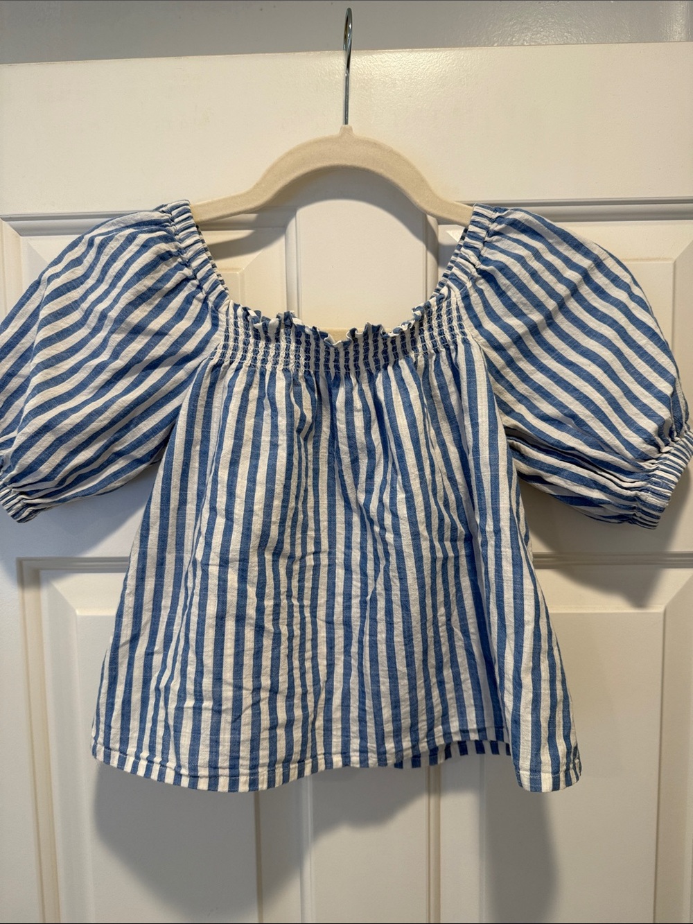 Crewcuts Girls Blue and White Striped Puff Sleeve Top XS